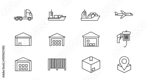 Logistics and transportation icons representing various shipping and delivery methods for global trade.
