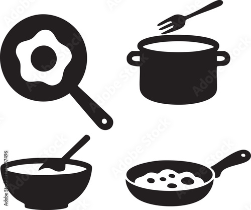 Breakfast Cooking Silhouettes Set - Fried Egg Frying Pan Pot Bowl Spoon Icons Vector Isolated on White
