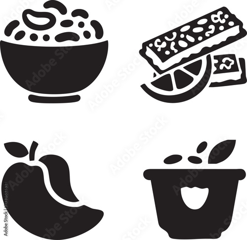 Healthy Breakfast Silhouettes Set - Cereal Bowl Granola Bar Apple Yogurt Icons Vector Isolated on White