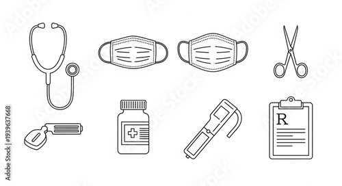 Medical equipment illustration featuring stethoscope, masks, scissors, thermometer, pills, pen, and prescription.