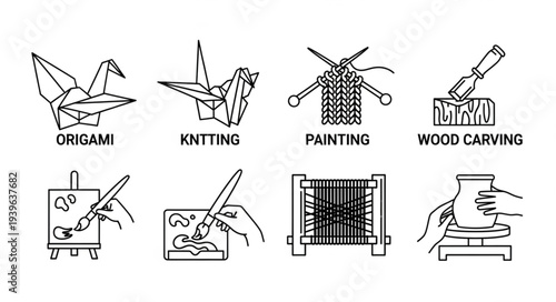 Various artistic crafts and hobbies including origami, knitting, painting, and wood carving activities.