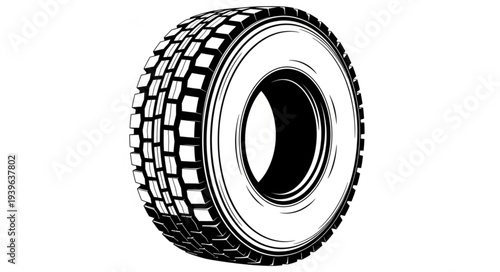 Detailed monochrome image of a large truck tire, showing tread pattern and design.
