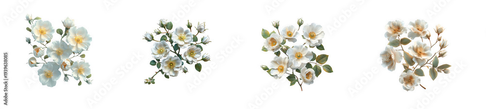 Obraz premium Beautiful White Rose Flowers with Green Leaves isolated on transparent background