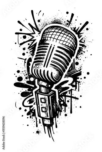 Vintage microphone with dynamic splatter effects for music and podcasting