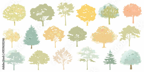 A collection of stylized colorful trees in various shapes and shades