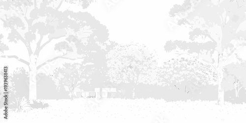 Minimalist landscape with trees and a distant building structure