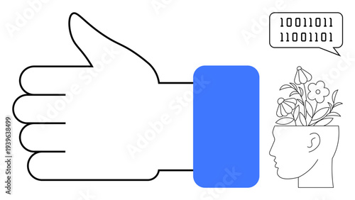 Large thumbs-up gesture, open mind sprouting flowers with binary code speech bubble. Ideal for creativity, digital transformation, positive mindset, innovation, technology, mental health, simple flat