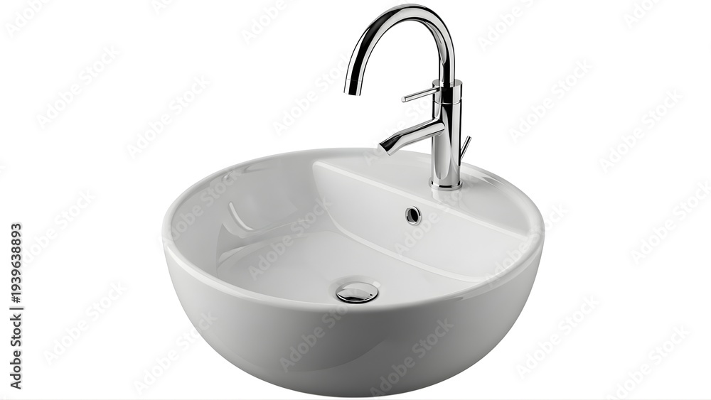 Fototapeta premium A sleek white ceramic sink with a modern silver faucet on transparent background