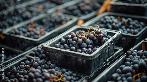 Black wine grapes are picked and placed into plastic crates in an Italian vineyard, viewed from above, highlighting fresh fruit and vine rows within a wine production environment