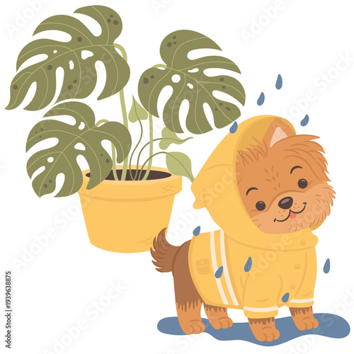 Adorable yorkshire terrier puppy wearing a yellow raincoat standing near monstera plant. Cute cartoon dog vector illustration perfect for stickers, kids graphics and educational materials.