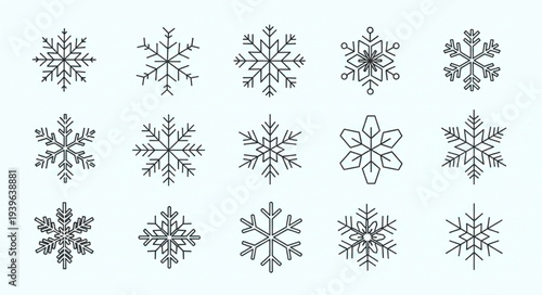 Collection of Various Snowflake Designs for Winter Themes.