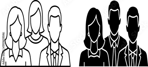 Simple line drawings of business people in two contrasting styles