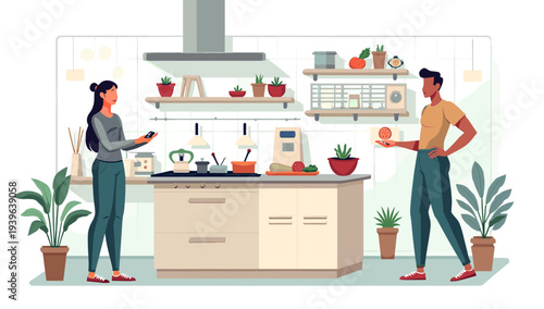 A woman happily tends to a potted plant in a modern home setting, conveying a sense of nurturing and growth.