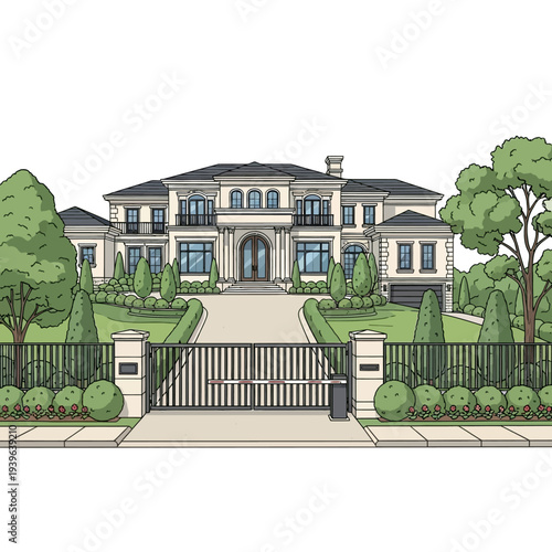 A large luxurious house with a gated entrance