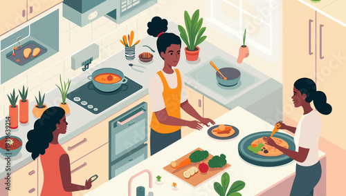 A woman stands in a kitchen with plants on the counter and a bowl of soup, exuding a sense of warmth and comfort.