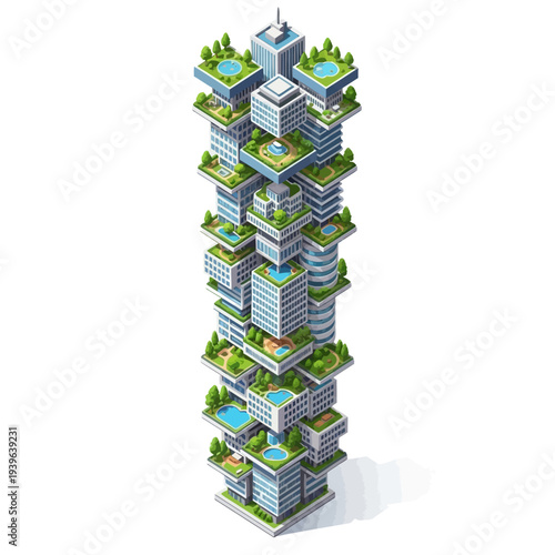 A futuristic skyscraper with lush green roofs and balconies