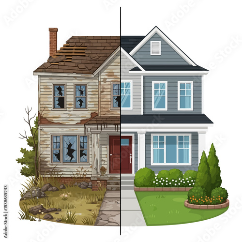 A split house showing contrast between neglect and maintenance