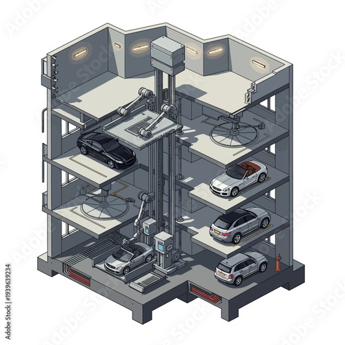 An isometric view of a multi-level automated car parking garage with several cars