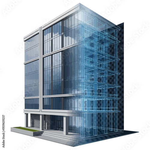 A modern architectural rendering of a sleek glass building with a wireframe design