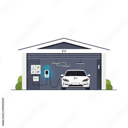 An electric vehicle charging in a modern garage