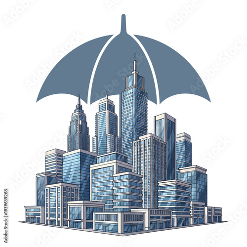 A large umbrella protects a city skyline from the elements