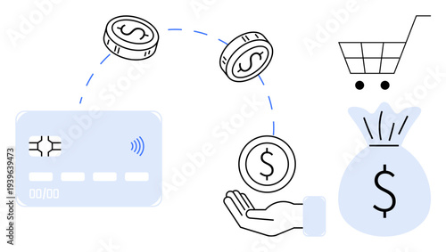 Digital transactions, e-commerce, payment solutions, money savings, online purchases, financial management. Credit card, coins hand and money bag icons linked to a shopping cart. Digital