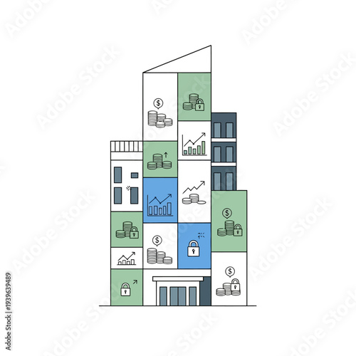 A colorful illustration of a building with financial symbols