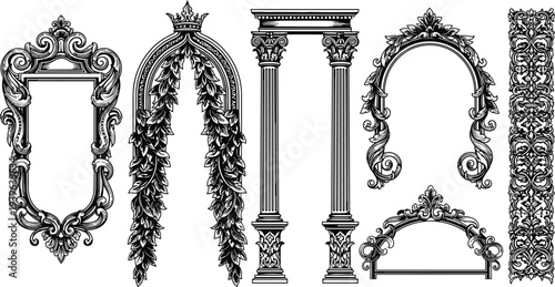 Ornate architectural frame and column silhouette set, vintage decorative scrollwork floral motif classical artwork illustration