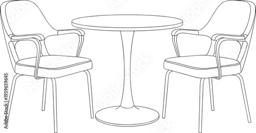 Round table with two cushioned armchairs silhouette, cafe dining furniture artwork illustration design