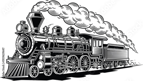 Vintage steam locomotive silhouette, classic train with smokestack, wheels, tender, mechanical railway transport artwork illustration