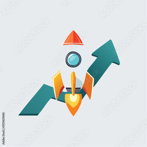 Vibrant cartoon illustration of a rocket launching with an upward arrow, symbolizing rapid business growth, startup success, innovation, and market acceleration strategy