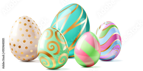 Easter eggs with soft shadows on white background, colorful and ornate with gold swirls and dots.