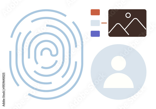 Digital identity, biometric security, user authentication, file metadata, personal privacy, online safety. Fingerprint, profile icon and metadata template. Digital identity and biometric security