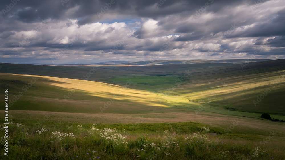 Fototapeta premium Dramatic landscape with rolling hills and cloudy sky