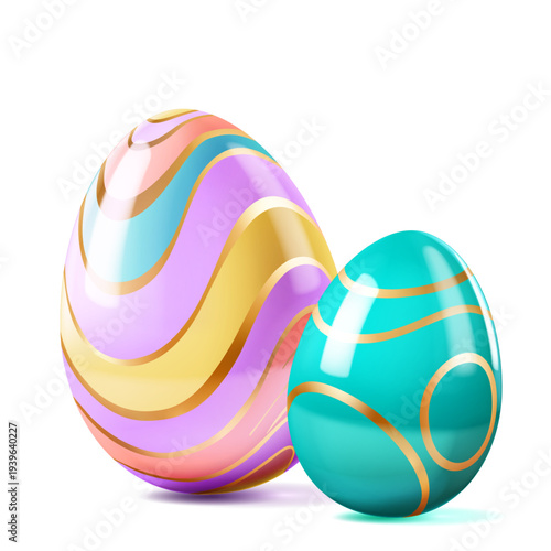 Easter illustration with two shiny eggs, one with pastel stripes and gold accents, the other teal with gold stripes, on a white background with soft shadows.