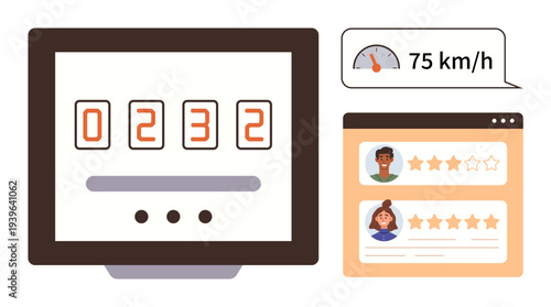 Data analysis, performance tracking, customer feedback, speed monitoring, analytics, online evaluation. Display with speedometer, numeric counter star ratings. Data analysis and performance tracking