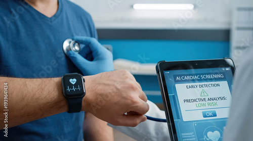 Close up of doctor using smart watch and tablet for AI cardiac screening and early risk detection. 