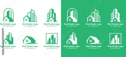 modern green real estate logo collection with house and building icons set for property agency construction and housing business branding