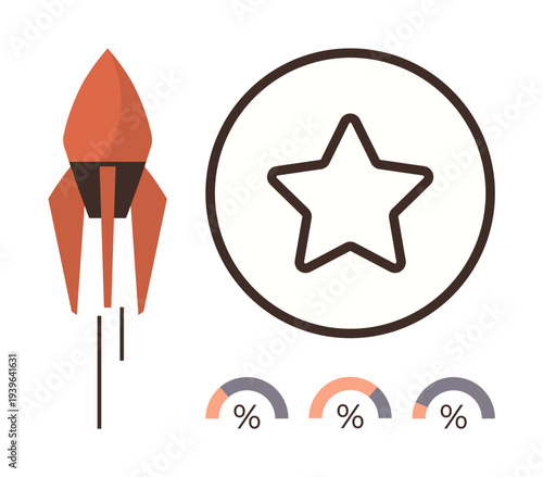 Business startups, innovation, goal achievement, analytics, progress tracking, growth. A rocket icon, a star symbol and percentage graphics. Startup growth and innovation concept