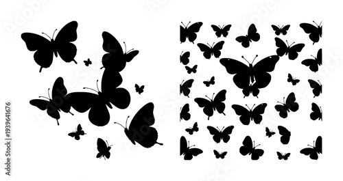 Collection of graceful butterfly silhouettes featuring black wings against crisp white backdrop for nature-themed prints, posters, or web design