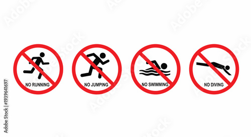 No Running No Jumping No Swimming No Diving Signs, Red Circular Vector 