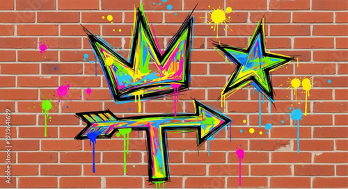 Colorful graffiti crown star arrow on brick wall.