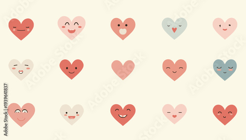 A digital illustration of cute heart emojis with smiling faces on a pale background, conveying love and happiness.