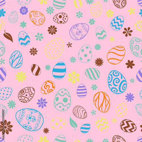 Easter seamless pattern with colorful eggs, flowers, and leaves on a soft pink background, perfect for holiday designs.