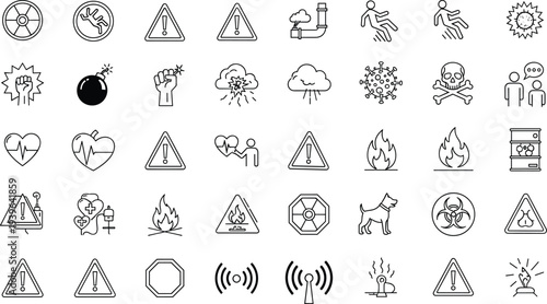 Safety hazard icons, workplace warning symbols, radiation danger, biohazard alert, fire risk, electrical hazard, chemical exposure, slipping danger, health warning, emergency preparedness,