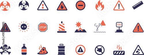 Safety warning icons set, biohazard, radiation, flammable, restricted access, explosion, toxic, chemical hazard, food safety, construction zone, environmental alert