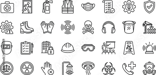 Safety icons, hazard symbols, emergency equipment, workplace protection, fire extinguisher, first aid, warning signs, PPE, compliance, alert systems