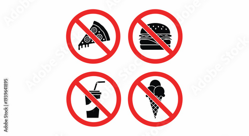 No Fast Food Signs with Pizza, Hamburger, Soda and Ice Cream