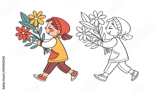 A happy school boy and a teen girl in a fashion drawing style hold a flower vector illustration portraying childhood fun and people art