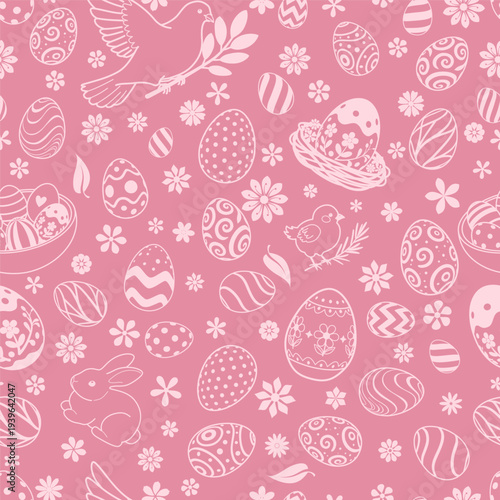 Easter seamless pattern with white eggs, bunnies, birds, flowers on pink background, perfect for holiday designs and decorations.